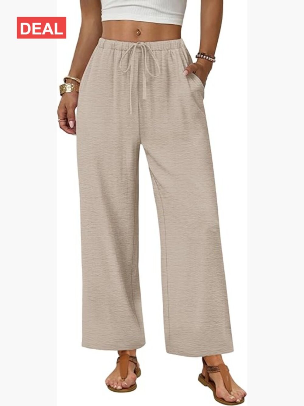 Wide Leg Palazzo Pants with Pockets Drawstring Elastic Waist Casual Summer